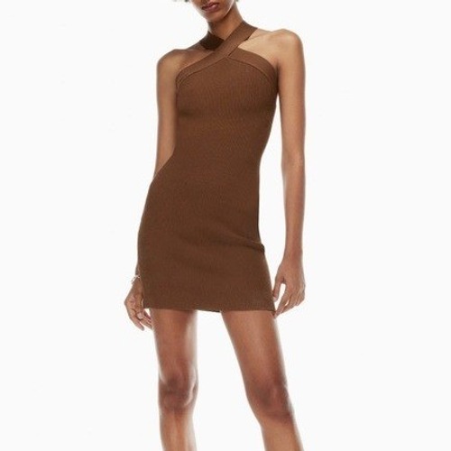 Aritzia Babaton Sculpt Knit Criss Cross Mini Dress Brown Halter Ribbed Sz M Nwot